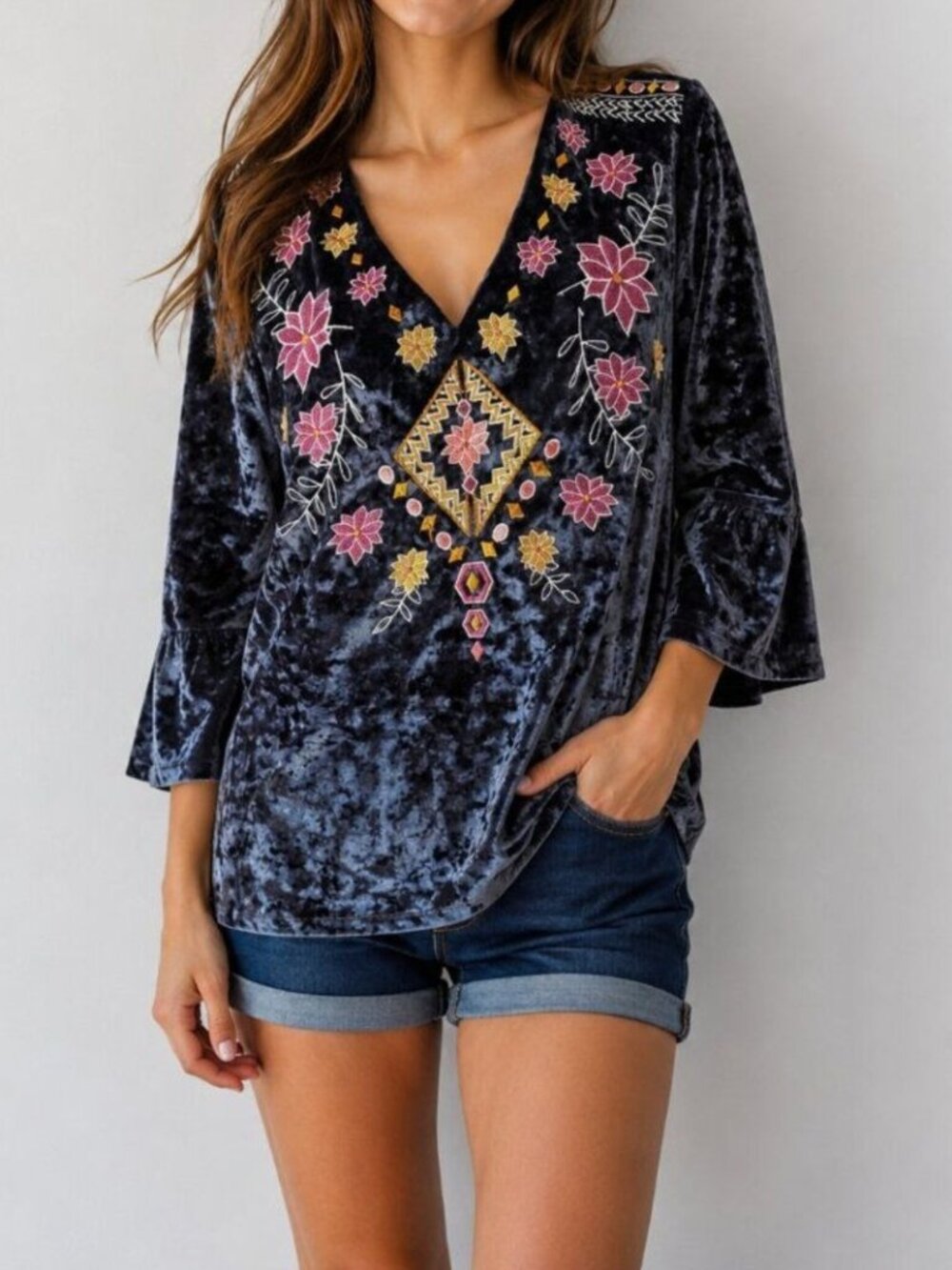 ODDY Top Embroidered Crushed Velvet Womens S Small Bell Sleeve Bohemian Fairy